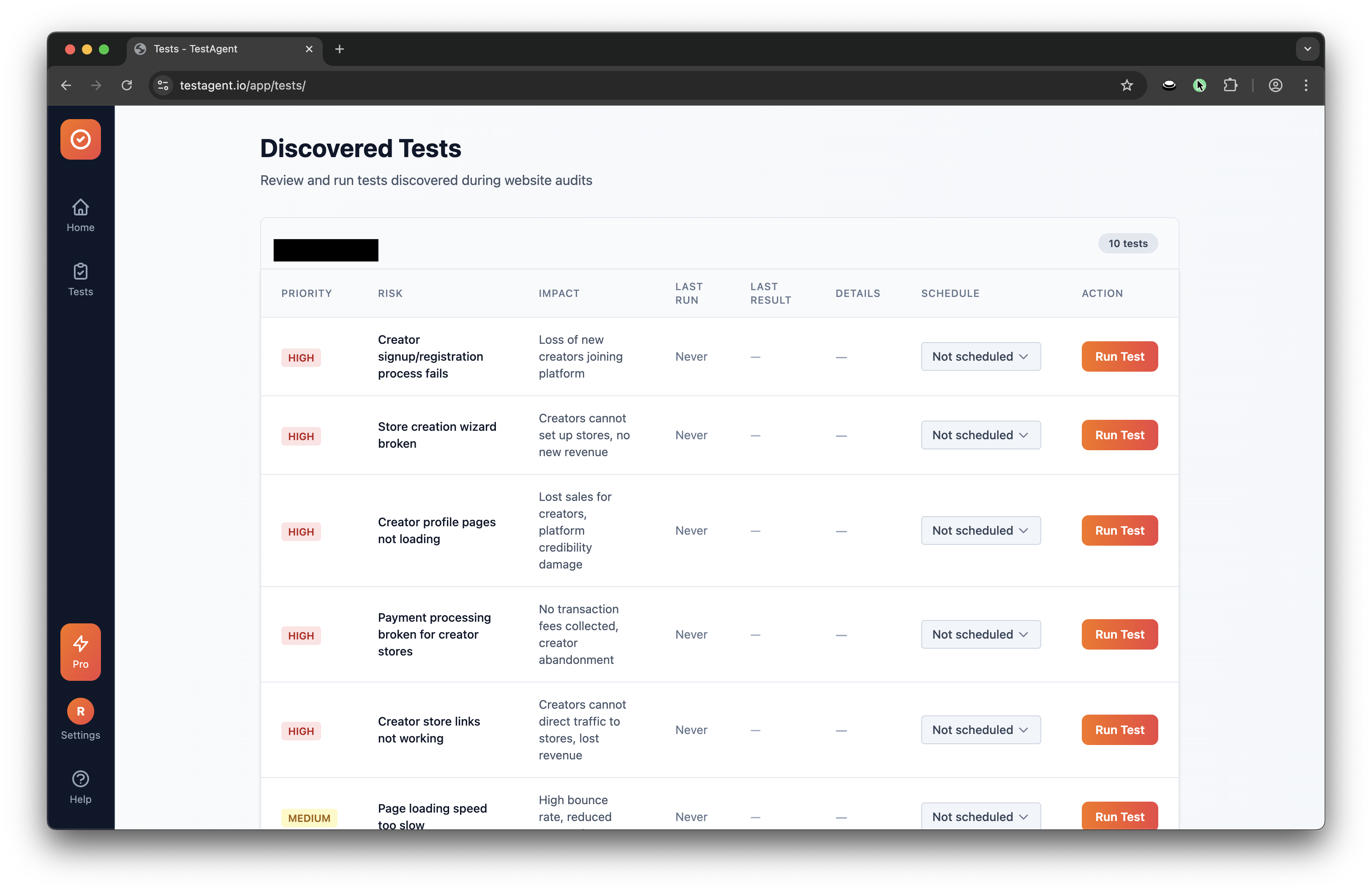 Ecommerce testing results showing discovered tests on an online store