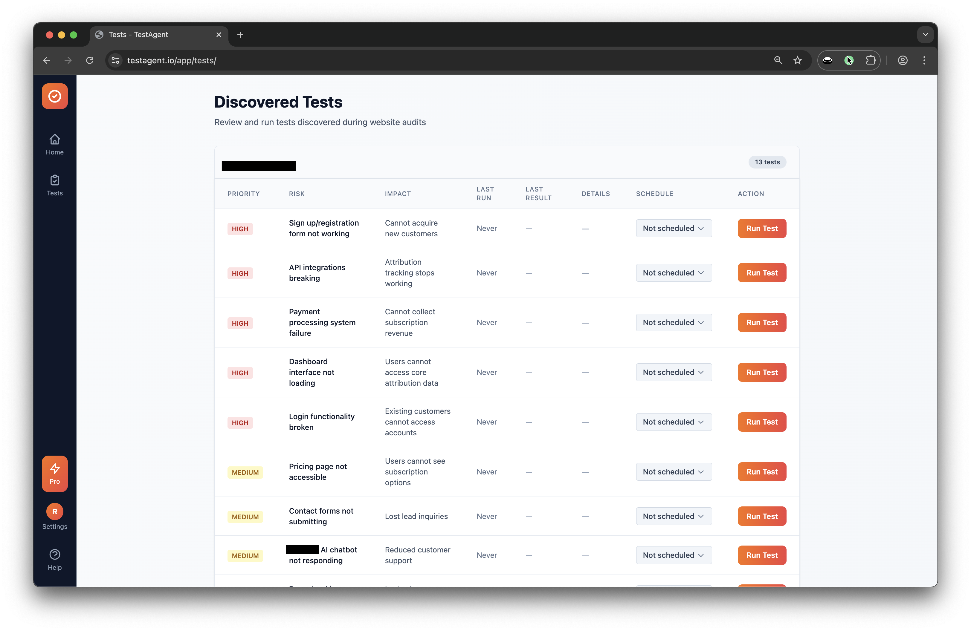 No code test automation results showing discovered tests on a marketing SaaS platform