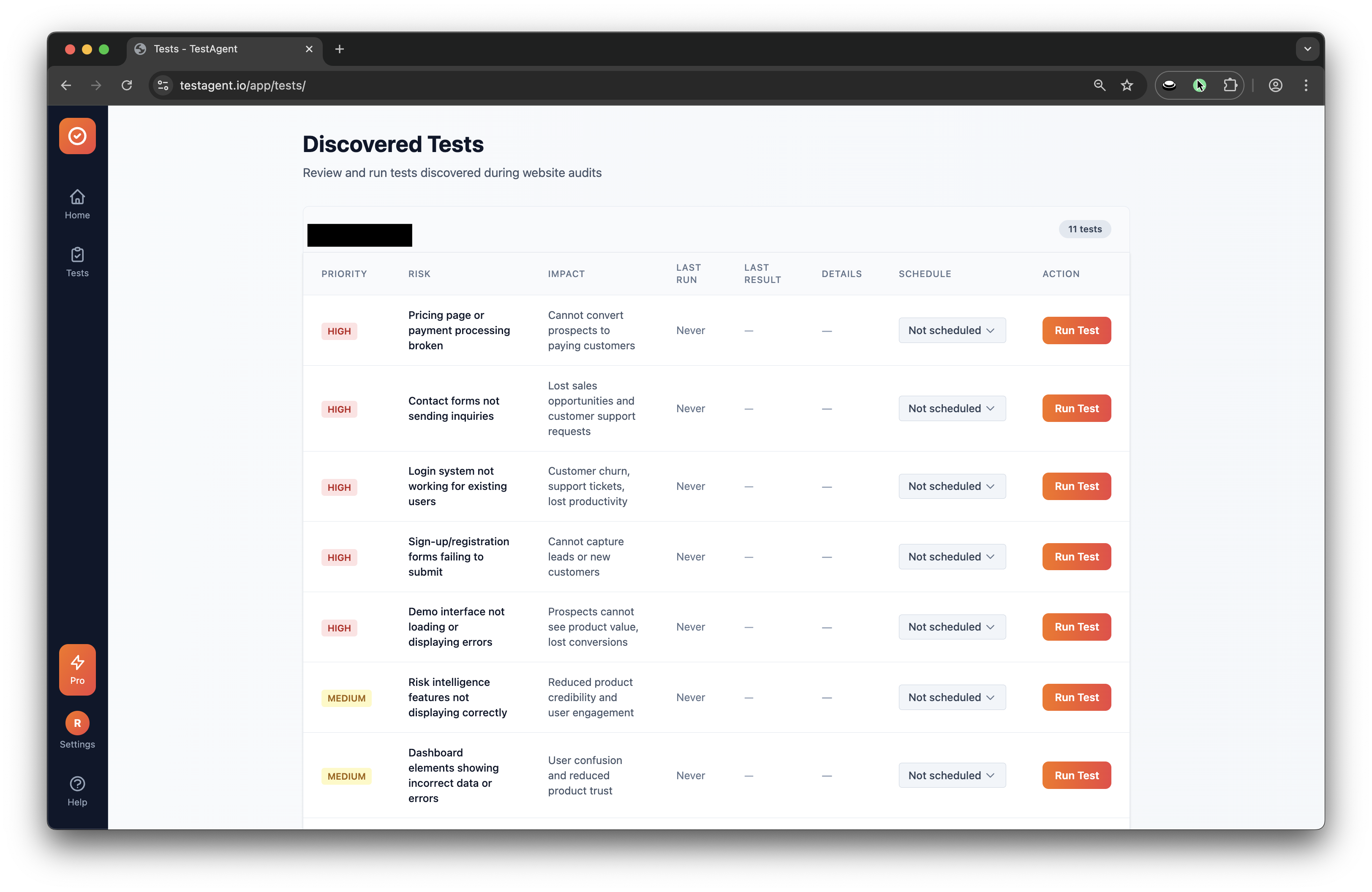 No code test automation results showing discovered tests on a compliance SaaS platform