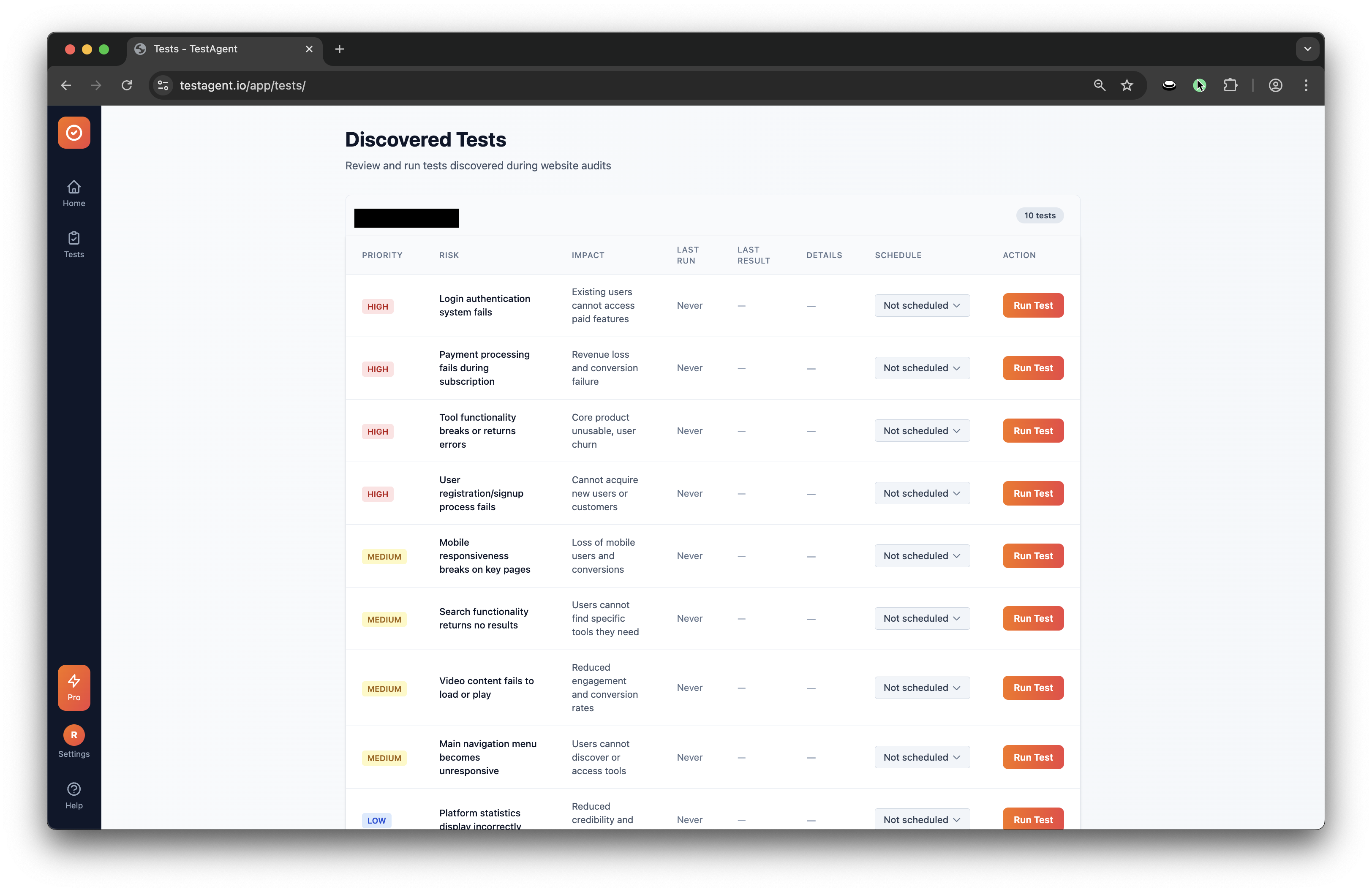 No code test automation results showing discovered tests on a creator tools platform