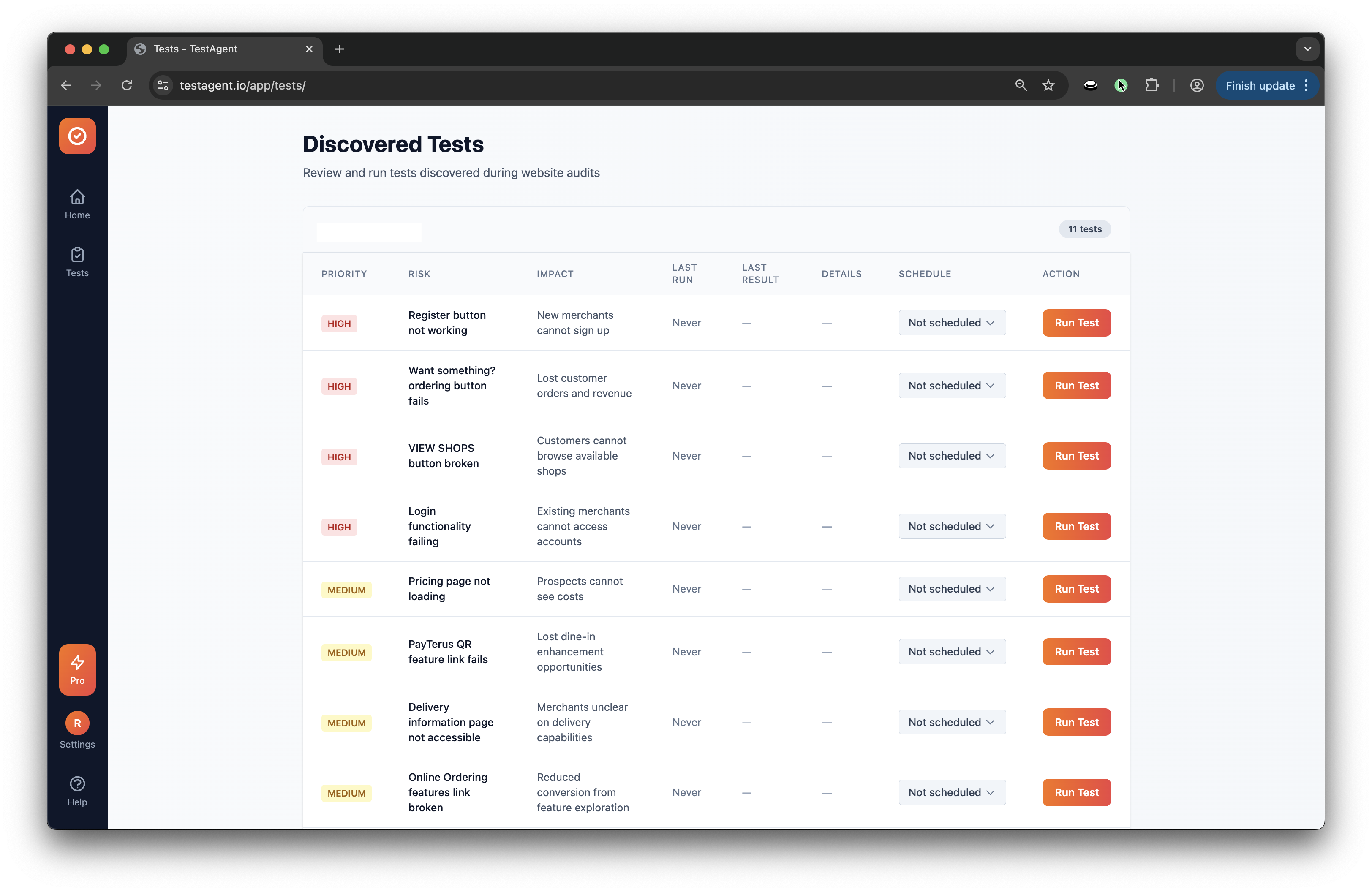 No code test automation results showing discovered tests on a restaurant SaaS platform